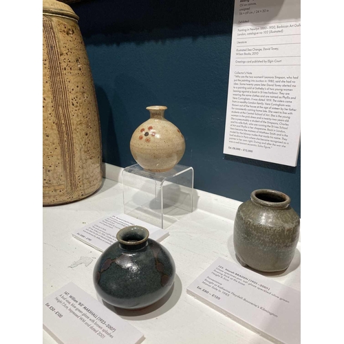 129 - Bernard LEACH (1887-1979) A bud vase, oatmeal glaze with three formal red and black spot designs Hei... 