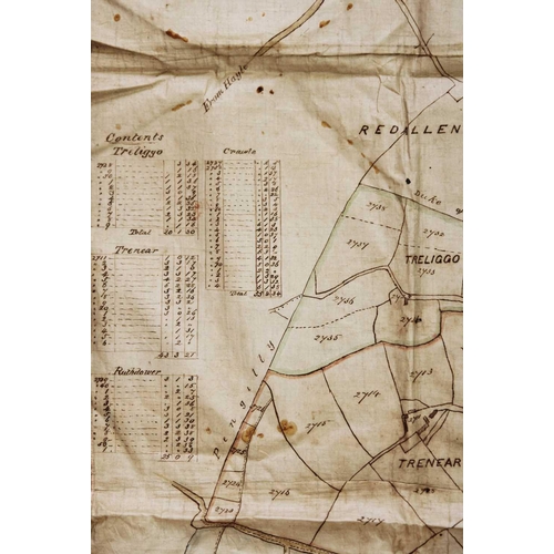 149 - 'Plan of the Land of C. Wallis Popham Esq. In the Parish of Breage, 1860' Hand drawn map on linen, s... 