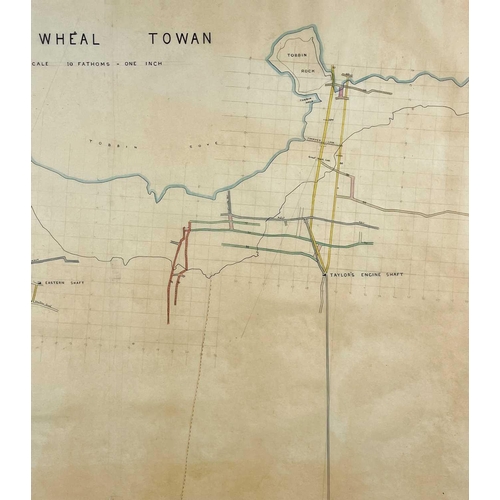 190 - 'West Wheal Towan,' Hand drawn and coloured survey, key showing adit levels, cross-cuts, Wheal Towan... 