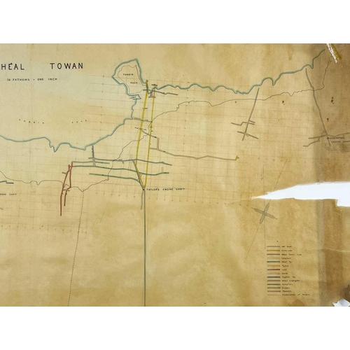 190 - 'West Wheal Towan,' Hand drawn and coloured survey, key showing adit levels, cross-cuts, Wheal Towan... 