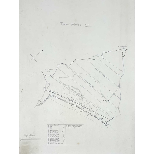 190 - 'West Wheal Towan,' Hand drawn and coloured survey, key showing adit levels, cross-cuts, Wheal Towan... 