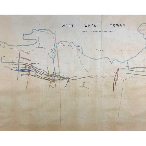 190 - 'West Wheal Towan,' Hand drawn and coloured survey, key showing adit levels, cross-cuts, Wheal Towan... 