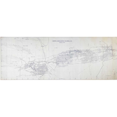 196 - 'Carnon Consolidated Tin Mines Ltd,' Longitudinal Section Hand coloured areas with blue showing exca... 