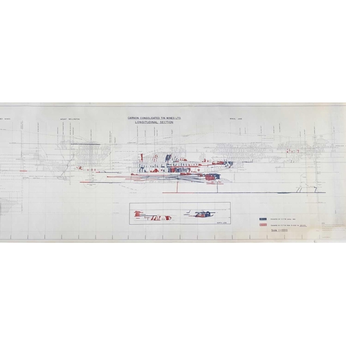 196 - 'Carnon Consolidated Tin Mines Ltd,' Longitudinal Section Hand coloured areas with blue showing exca... 