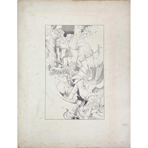 243 - William Heath ROBINSON (1872-1944) An ink illustration of a dragon and a warrior With preparatory gr... 