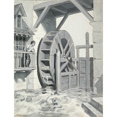 319 - François Joseph VERNAY (1864-1950) The Waterwheel Oil on card Signed 21.5cm x 16.5cm A lithograph of... 