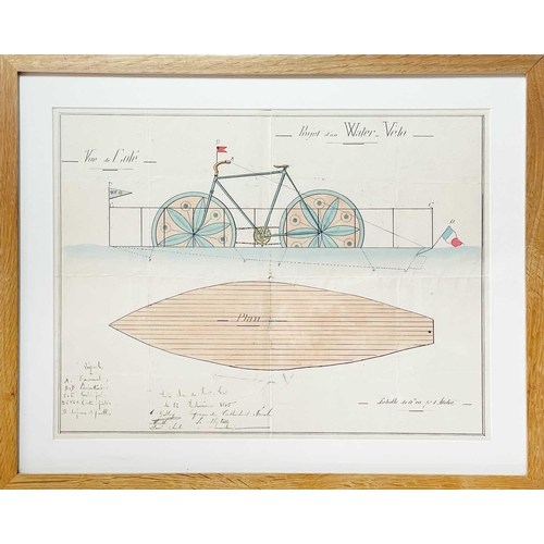 406 - 'Projet d'un Water Velo' Hand drawn design signed by Monsieur Raphael and dated 1805. The design bei... 