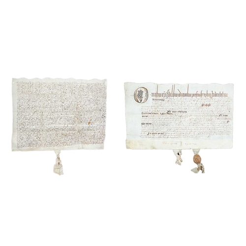 407 - Two framed indentures, 1615 Latin MS on vellum, one with wax seal dated 20th August 1615, vg conditi... 