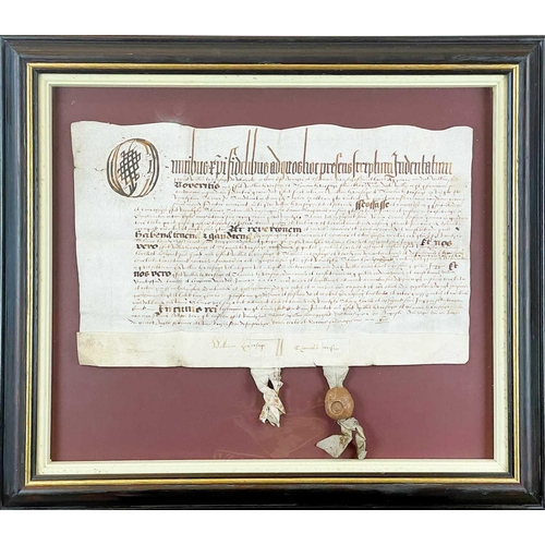 407 - Two framed indentures, 1615 Latin MS on vellum, one with wax seal dated 20th August 1615, vg conditi... 