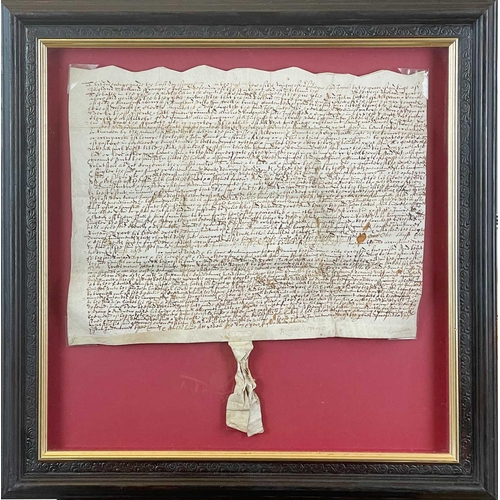 407 - Two framed indentures, 1615 Latin MS on vellum, one with wax seal dated 20th August 1615, vg conditi... 