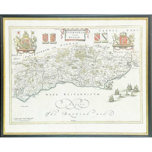 434 - BLEAU, Johannes Map of Sussex from a French 1644 publication of Blaeu's Atlas Major. Copper engraved... 