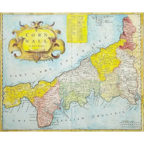 466 - Robert Morden 'Cornwall,' engraved map, later hand colouring, centre fold, framed and glassed, 39.5c... 