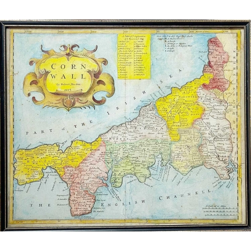 466 - Robert Morden 'Cornwall,' engraved map, later hand colouring, centre fold, framed and glassed, 39.5c... 