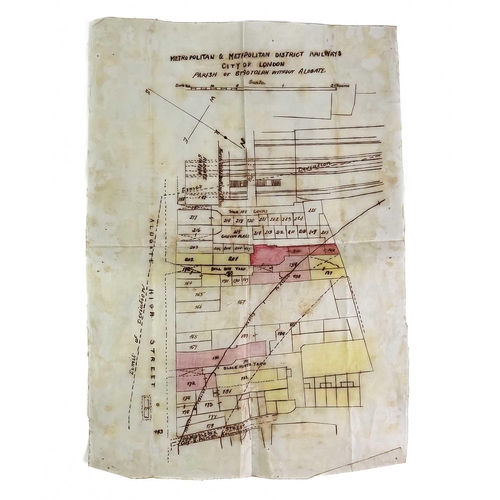 476 - Metropolitan and Metropolitan District Railways. Hand coloured pen and ink on cloth, plan of undergr... 