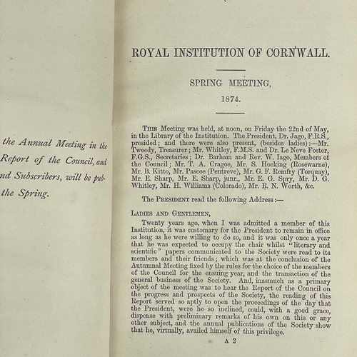 502 - THE ROYAL INSTITUTION OF CORNWALL JOURNALS Vols III & XVI 1868-1870 & 1874-76; bound in dark-green h... 