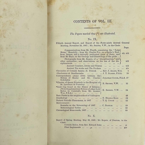 502 - THE ROYAL INSTITUTION OF CORNWALL JOURNALS Vols III & XVI 1868-1870 & 1874-76; bound in dark-green h... 