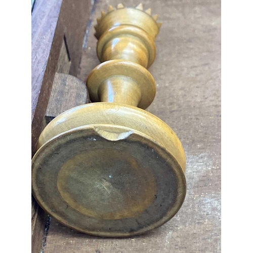 130 - An ebony and boxwood Staunton pattern chess set. Height of king 8.5cm, together with a folding chess... 