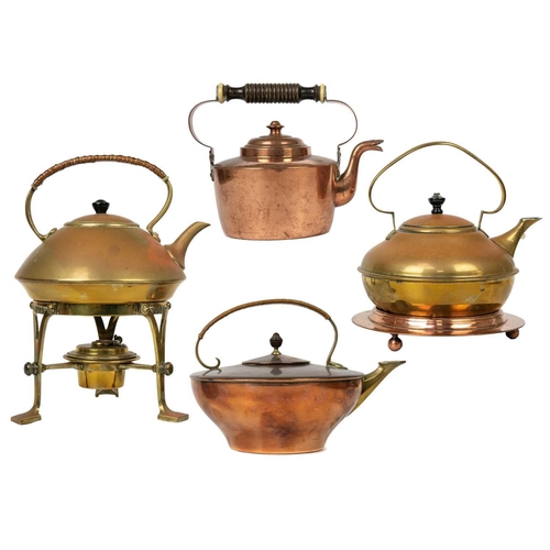 131 - A W A S Benson copper and brass kettle. With a rattan bound handle, together with three early 20th c... 