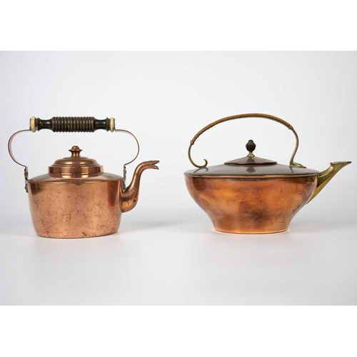 131 - A W A S Benson copper and brass kettle. With a rattan bound handle, together with three early 20th c... 