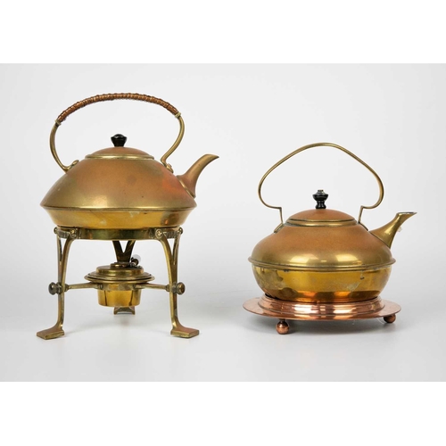 131 - A W A S Benson copper and brass kettle. With a rattan bound handle, together with three early 20th c... 