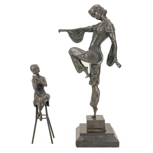 132 - A reproduction bronze dancing figure. Height 41.5cm; together with another reproduction seated bronz... 