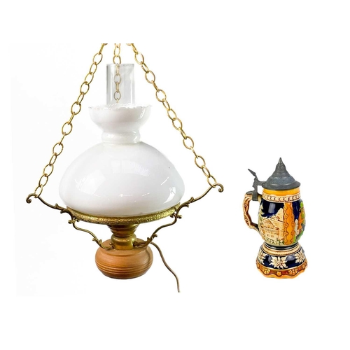 134 - A Victorian style electric hanging lamp. Height 48cm together with a German pottery musical stein. (... 
