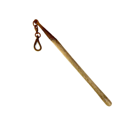 139 - An iron horse tether chain. Together with a pair of livestock hobbles and bull leader. (3)