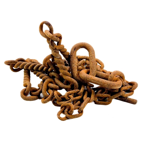 139 - An iron horse tether chain. Together with a pair of livestock hobbles and bull leader. (3)