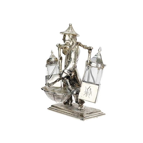 148 - A Mappin & Webb silver plated novelty condiment set. Modelled as an oriental man with a yoke and bas... 