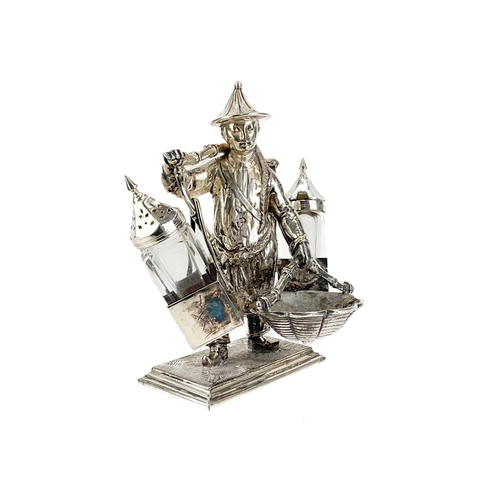 148 - A Mappin & Webb silver plated novelty condiment set. Modelled as an oriental man with a yoke and bas... 