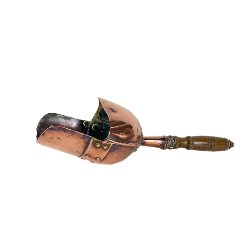 156 - A Victorian copper coal helmet. Height including handle 37.5cm, together with scoop, and a pair of b... 