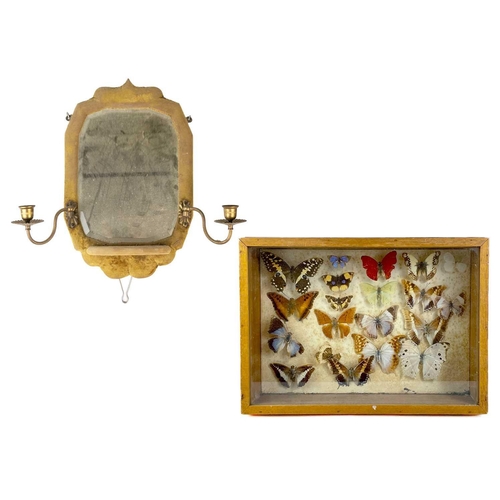 167 - A Victorian velvet framed bevelled edge wall mirror with integral shelf and pair of candle sconces. ... 