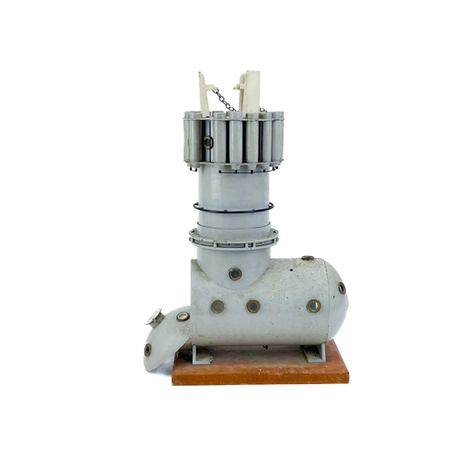 168 - A painted copper and brass model of a diving chamber. Fitted with a number of portholes, on a hardwo... 