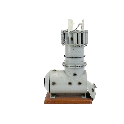 168 - A painted copper and brass model of a diving chamber. Fitted with a number of portholes, on a hardwo... 