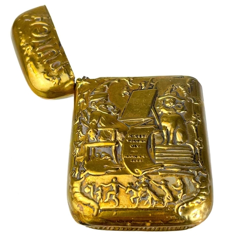 171 - Five Victorian nickel plated brass vesta cases. Comprising: an owl with green glass eyes, a fish wit... 