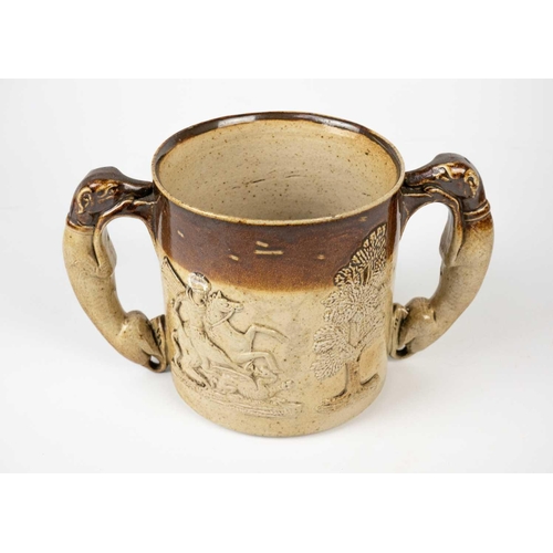 360 - A set of six 19th century English porcelain barrel mask jugs. Tallest 19.5cm together with a twin ha... 