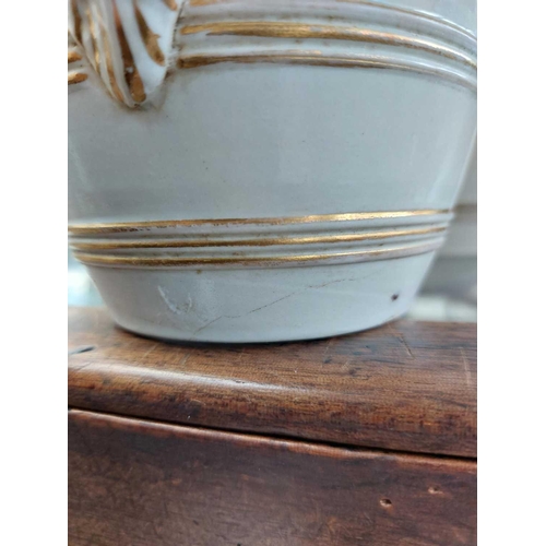 360 - A set of six 19th century English porcelain barrel mask jugs. Tallest 19.5cm together with a twin ha... 