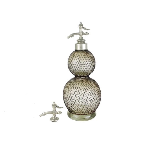 361 - A large early 20th century glass double gourd soda siphon with wire mesh surround. Height 47cm toget... 