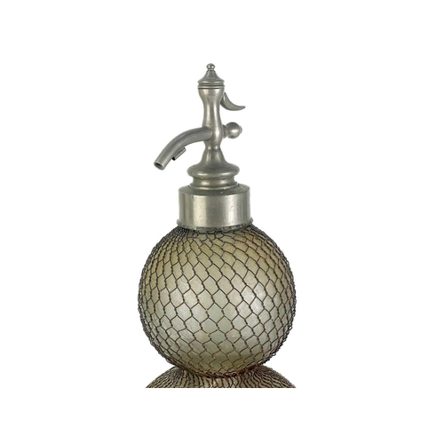361 - A large early 20th century glass double gourd soda siphon with wire mesh surround. Height 47cm toget... 