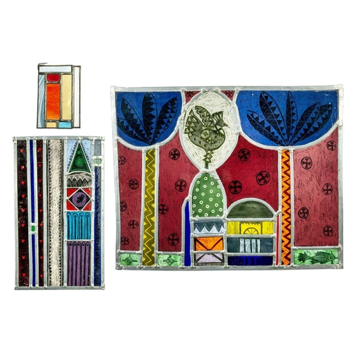 381 - A colourful, contemporary stained glass window. The glass panels decorated with a cockerel, trees, b... 