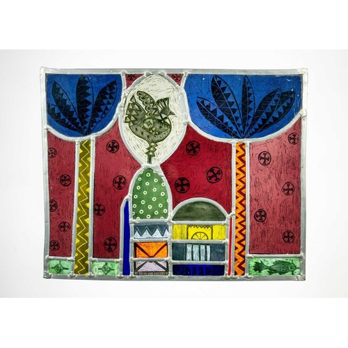 381 - A colourful, contemporary stained glass window. The glass panels decorated with a cockerel, trees, b... 