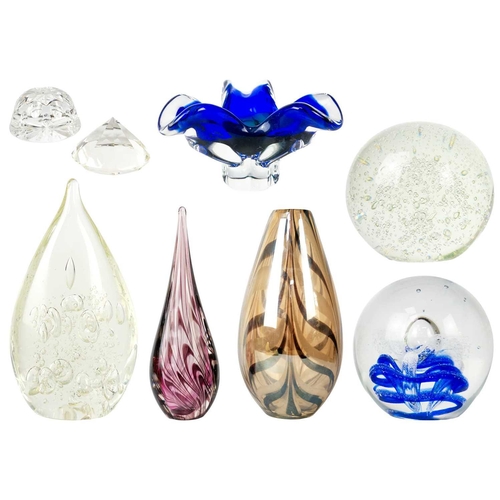 385 - Two large glass paper weights. Diameter 14cm, together with glass vase and other glass items.