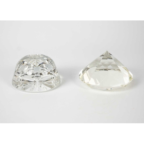 385 - Two large glass paper weights. Diameter 14cm, together with glass vase and other glass items.