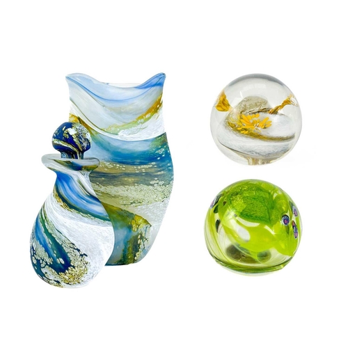 387 - A Lesley Clarke vase. Height 16cm; together with a perfume bottle and two paper weights by the same ... 