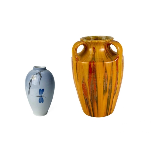 389 - A Royal Copenhagen vase. With flower and dragonfly painted decoration, height 14cm; together with a ... 