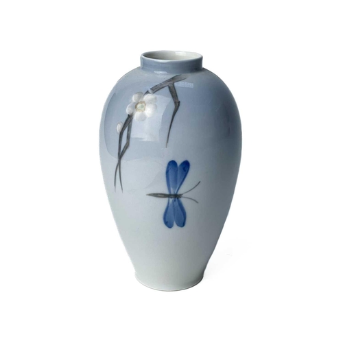 389 - A Royal Copenhagen vase. With flower and dragonfly painted decoration, height 14cm; together with a ... 