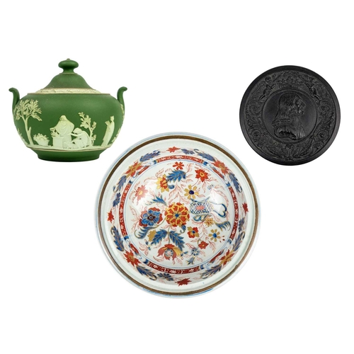 402 - A late 18th century sage Jasperware twin handled sucrier and cover. Height 10cm together with a late... 