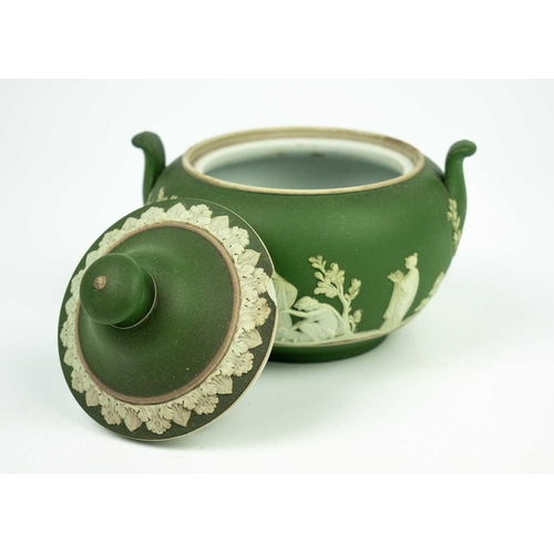 402 - A late 18th century sage Jasperware twin handled sucrier and cover. Height 10cm together with a late... 