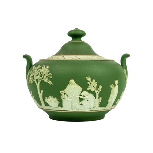 402 - A late 18th century sage Jasperware twin handled sucrier and cover. Height 10cm together with a late... 