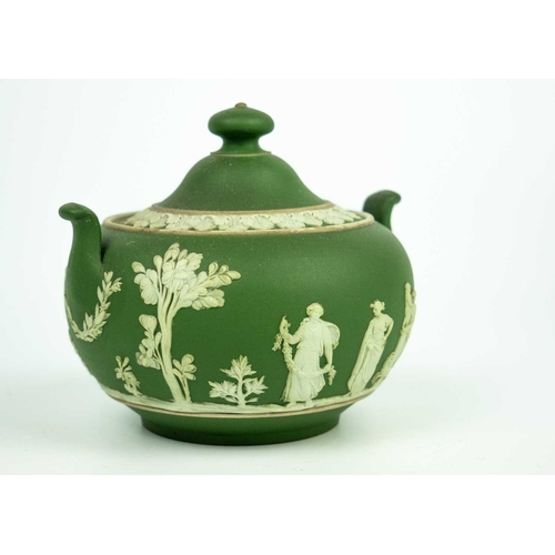 402 - A late 18th century sage Jasperware twin handled sucrier and cover. Height 10cm together with a late... 